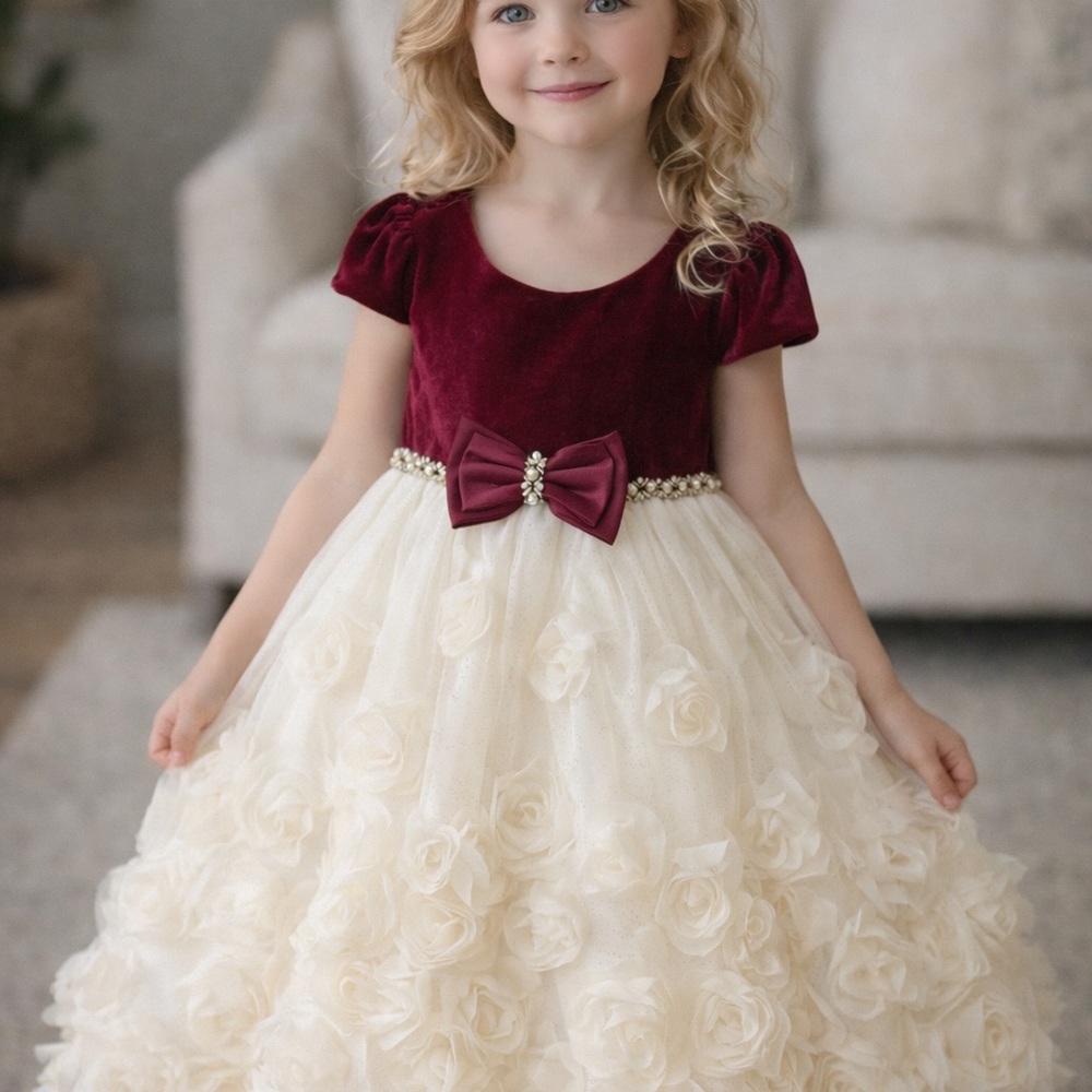 Girls Burgundy and Cream Floral Tulle Party Dress